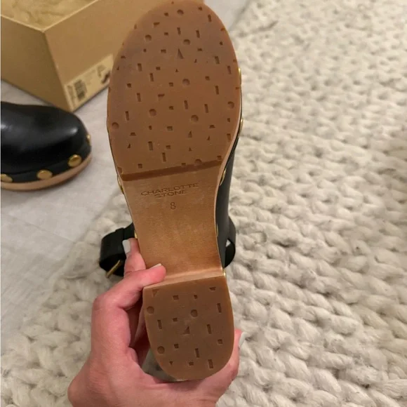 Charlotte Stone Black Leather High Heel Clogs - Picture 8 of 8